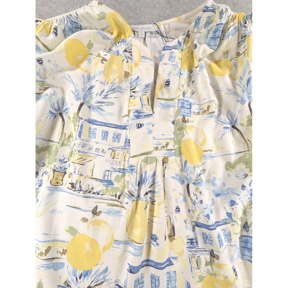 Women's 3X Sugarlips Amalfi Coast Lemon Puff Sleeve Top Blouse Rayon Linen - Picture 5 of 12